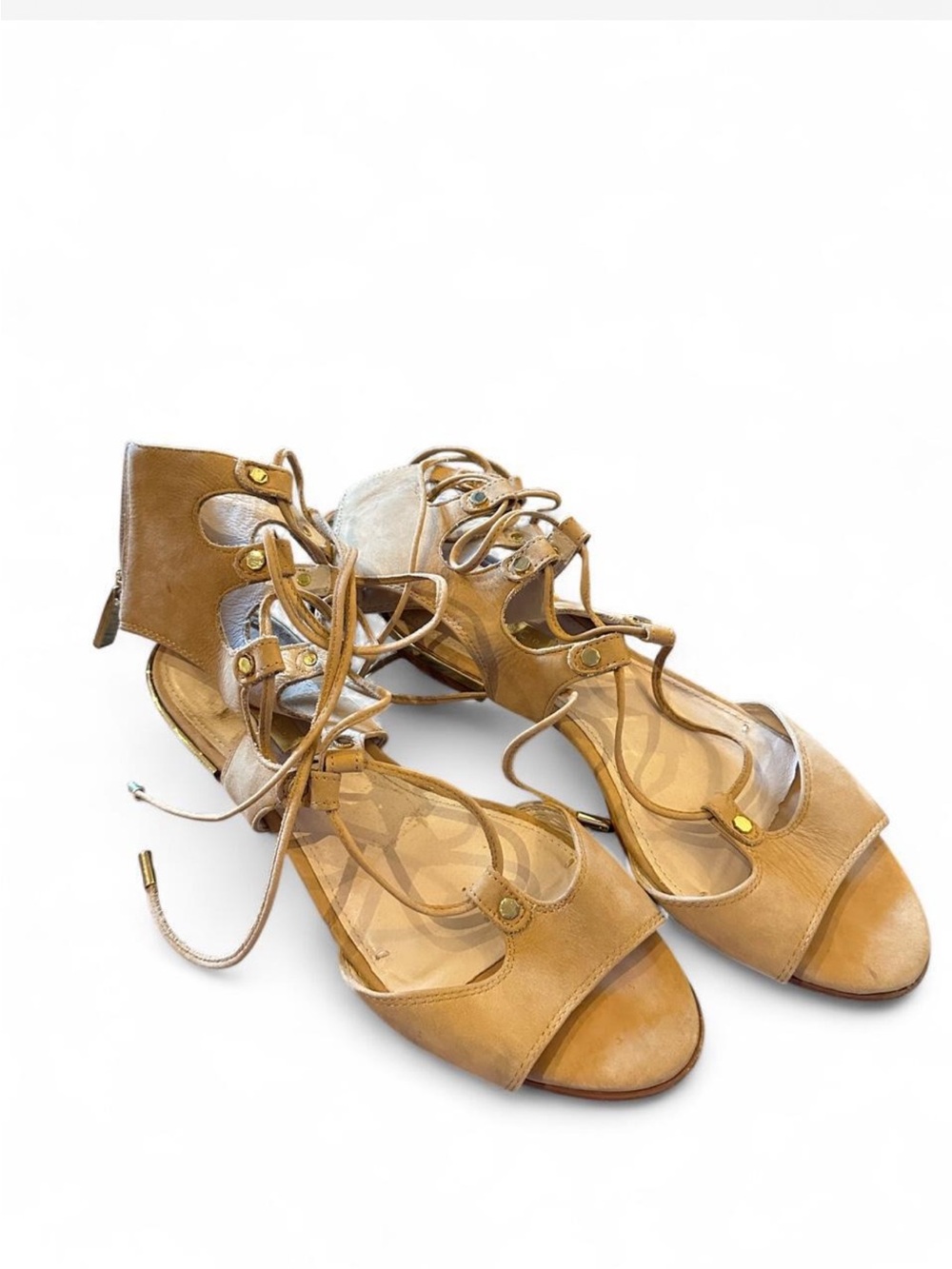 Louise et Cie Tan lace up sandals with gold studded accents #summer #heels